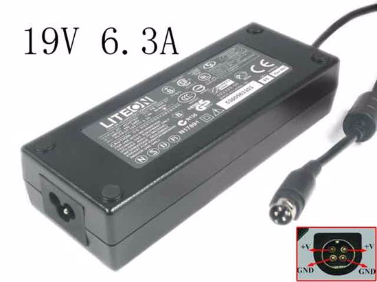 LITE-ON PA-1600-07 AC Adapter- Laptop 19V 6.3A, 4P, P1 4= LITE-ON PA-1600-07 AC Adapter- Laptop 19V 6.3A, 4P, P1 4=